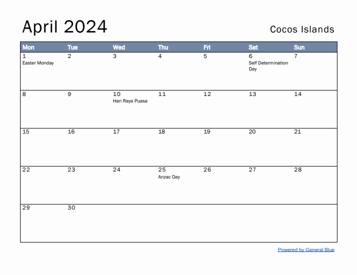 April 2024 Simple Monthly Calendar for Cocos Islands