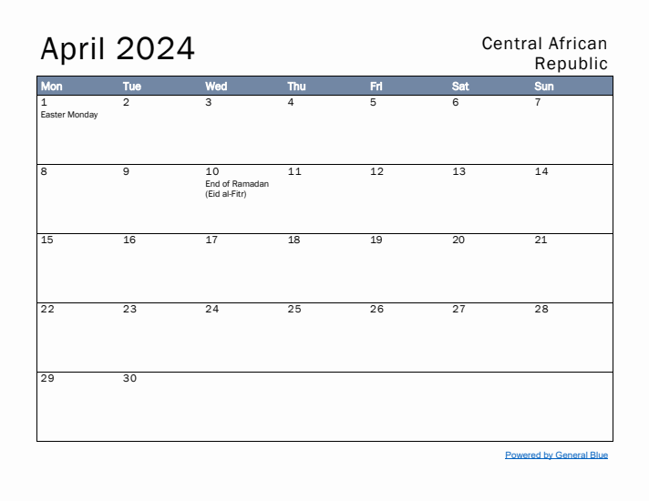 April 2024 Simple Monthly Calendar for Central African Republic