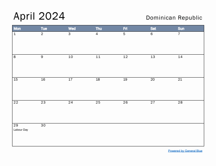 April 2024 Simple Monthly Calendar for Dominican Republic