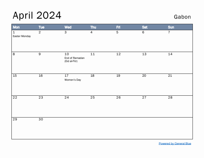 April 2024 Simple Monthly Calendar for Gabon