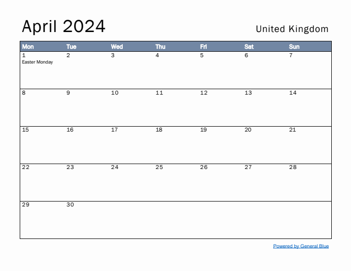 April 2024 Simple Monthly Calendar for United Kingdom