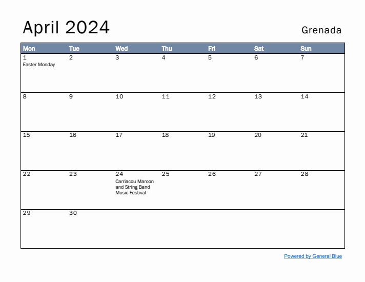 April 2024 Simple Monthly Calendar for Grenada