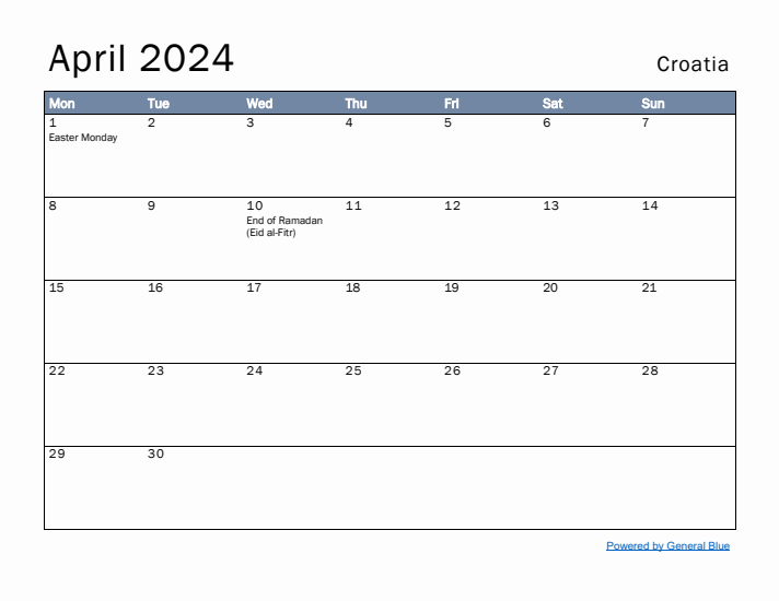 April 2024 Simple Monthly Calendar for Croatia