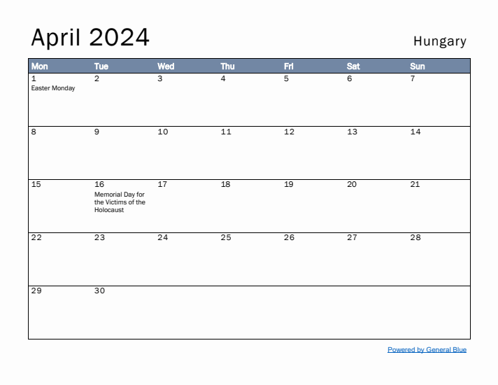 April 2024 Simple Monthly Calendar for Hungary