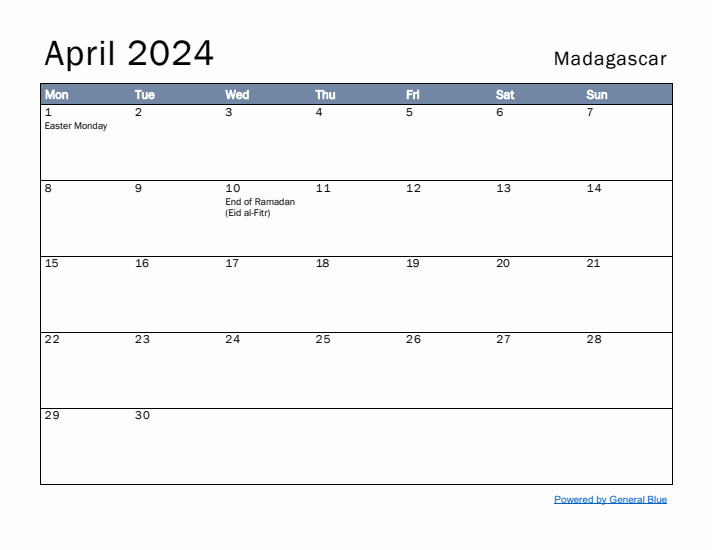 April 2024 Simple Monthly Calendar for Madagascar