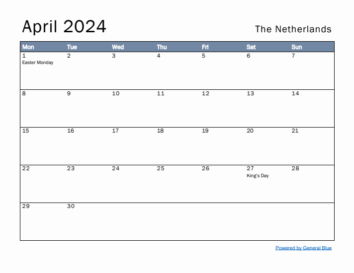 April 2024 Simple Monthly Calendar for The Netherlands