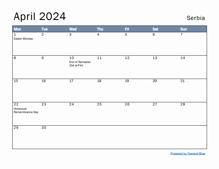 April 2024 Simple Monthly Calendar for Serbia