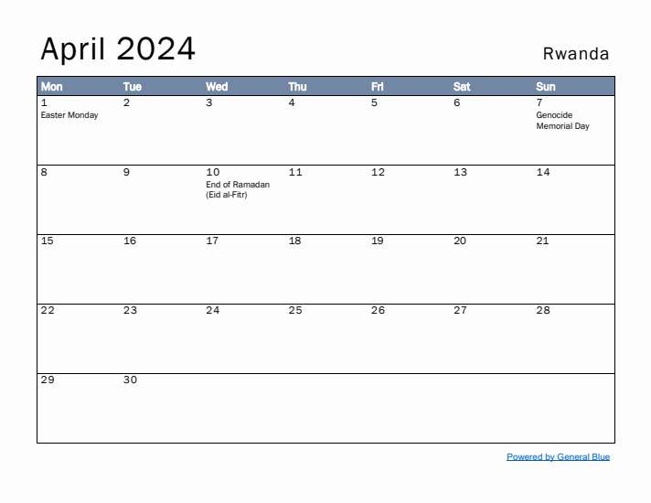 April 2024 Simple Monthly Calendar for Rwanda