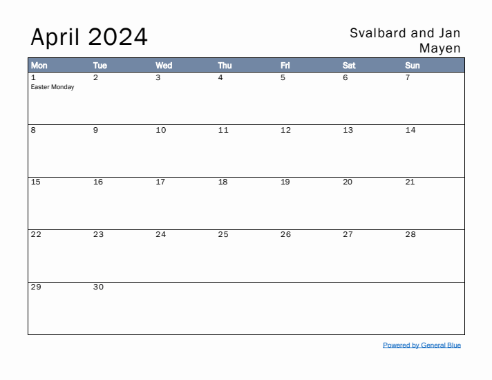 April 2024 Simple Monthly Calendar for Svalbard and Jan Mayen