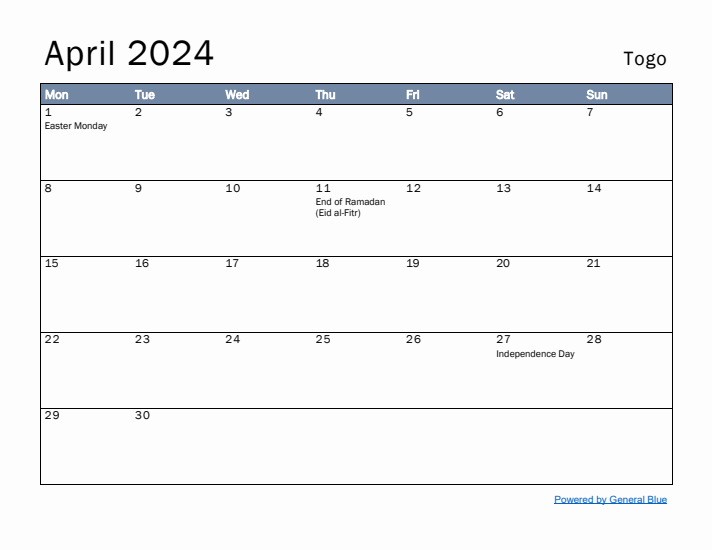 April 2024 Simple Monthly Calendar for Togo