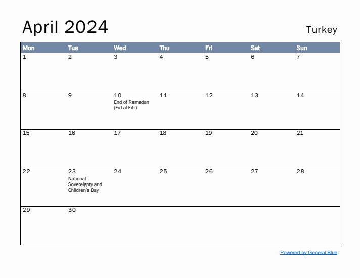 April 2024 Simple Monthly Calendar for Turkey