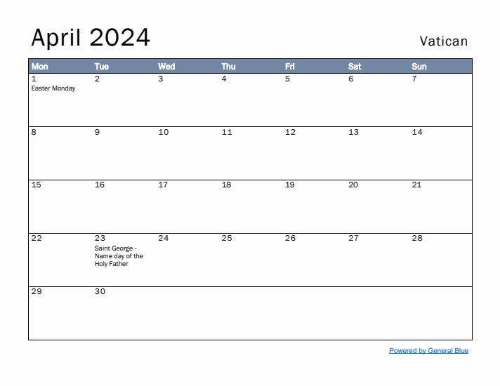 April 2024 Simple Monthly Calendar for Vatican