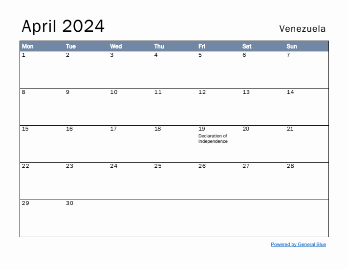 April 2024 Simple Monthly Calendar for Venezuela