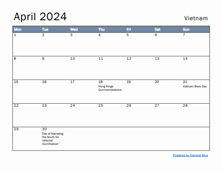 April 2024 Simple Monthly Calendar for Vietnam