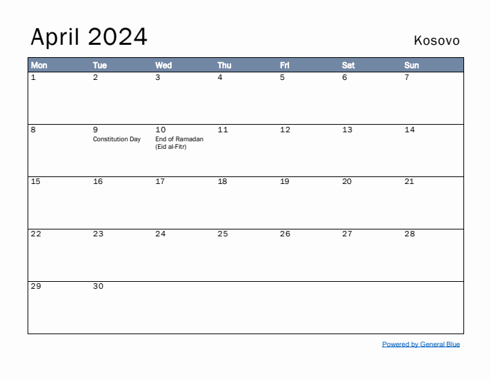 April 2024 Simple Monthly Calendar for Kosovo