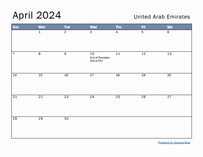 April 2024 Simple Monthly Calendar for United Arab Emirates