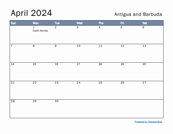 April 2024 Simple Monthly Calendar for Antigua and Barbuda