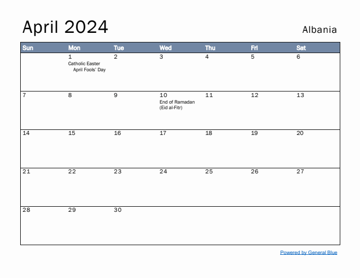 April 2024 Simple Monthly Calendar for Albania