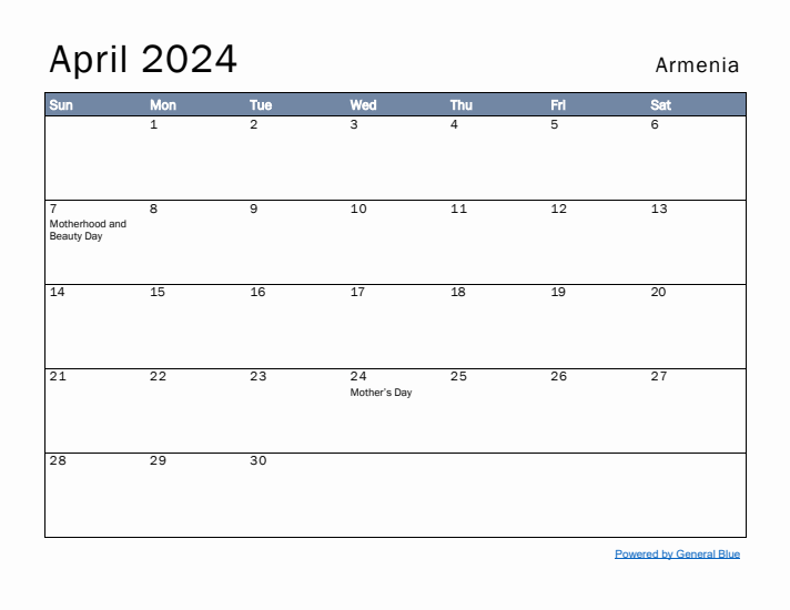 April 2024 Simple Monthly Calendar for Armenia