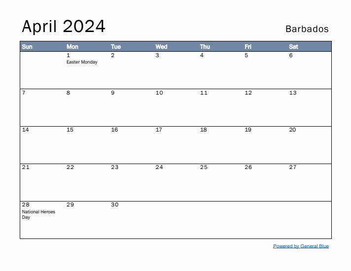 April 2024 Simple Monthly Calendar for Barbados