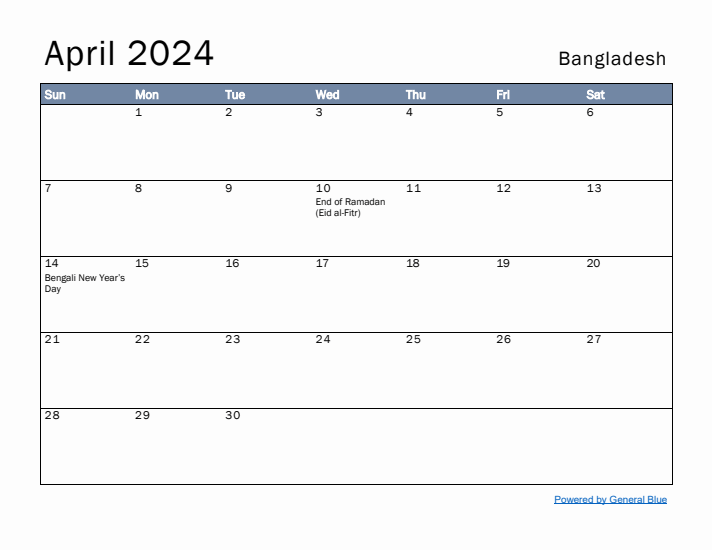 April 2024 Simple Monthly Calendar for Bangladesh