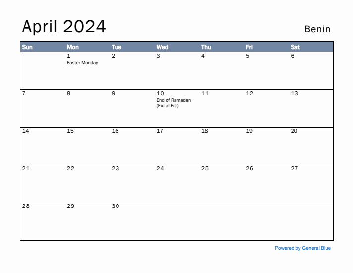 April 2024 Simple Monthly Calendar for Benin