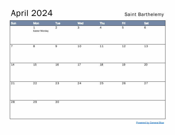 April 2024 Simple Monthly Calendar for Saint Barthelemy