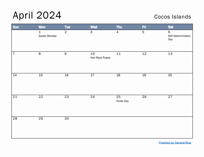 April 2024 Simple Monthly Calendar for Cocos Islands