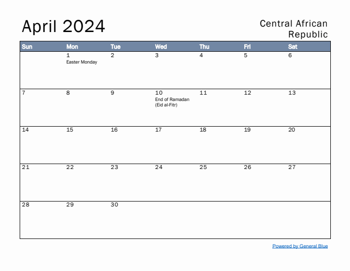 April 2024 Simple Monthly Calendar for Central African Republic