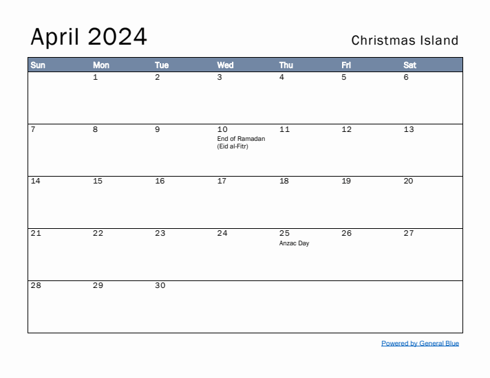 April 2024 Simple Monthly Calendar for Christmas Island