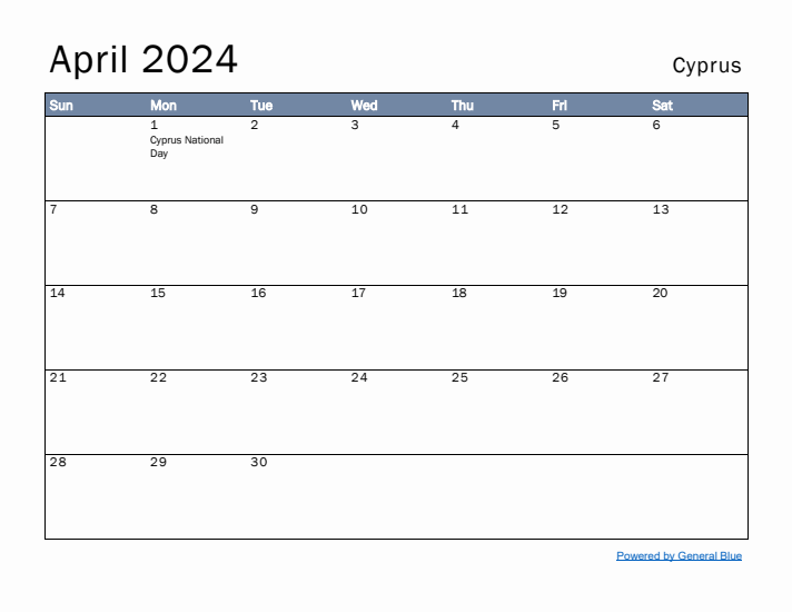 April 2024 Simple Monthly Calendar for Cyprus