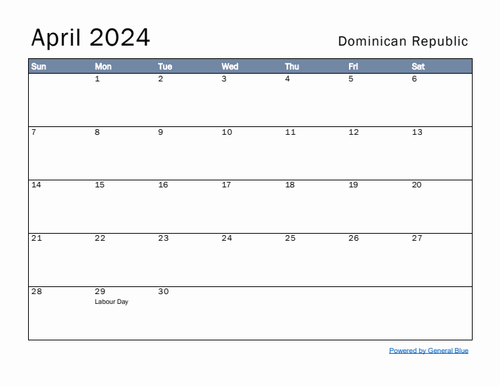 April 2024 Simple Monthly Calendar for Dominican Republic