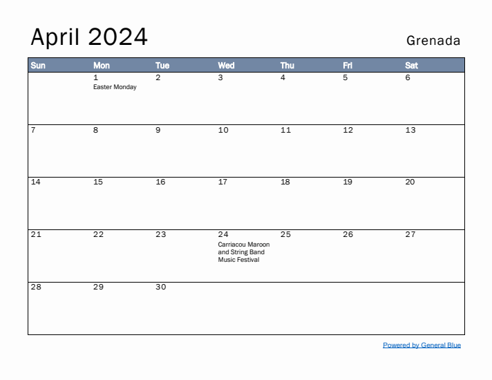 April 2024 Simple Monthly Calendar for Grenada