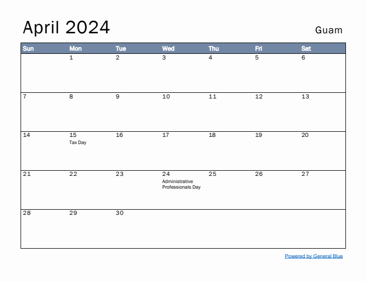 April 2024 Simple Monthly Calendar for Guam