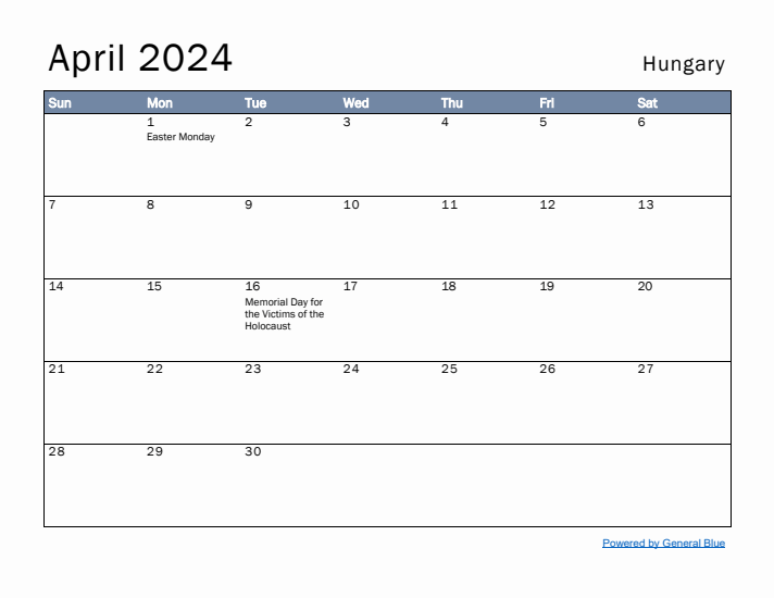 April 2024 Simple Monthly Calendar for Hungary