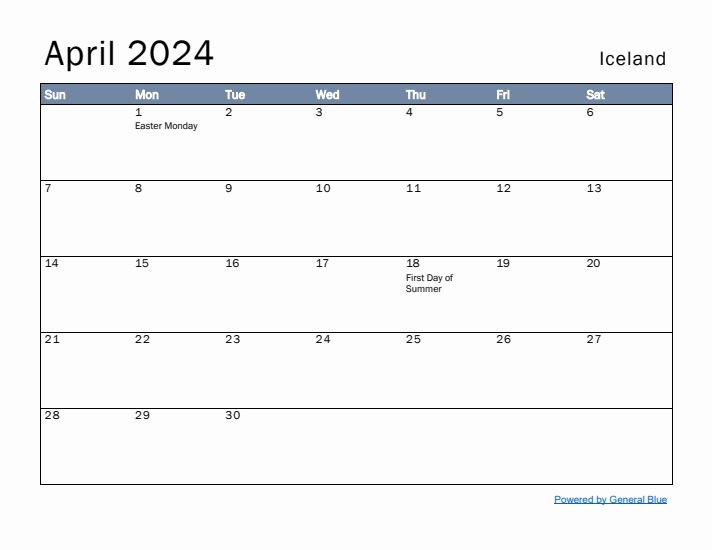 April 2024 Simple Monthly Calendar for Iceland