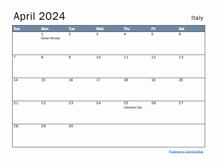 April 2024 Simple Monthly Calendar for Italy