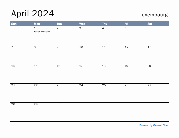 April 2024 Simple Monthly Calendar for Luxembourg