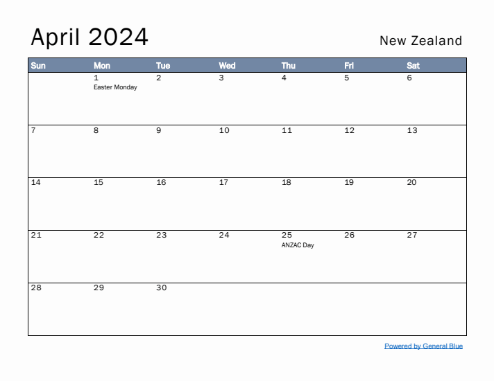 April 2024 Simple Monthly Calendar for New Zealand