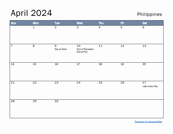 April 2024 Simple Monthly Calendar for Philippines