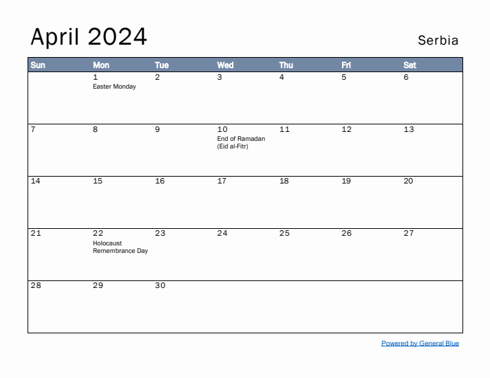 April 2024 Simple Monthly Calendar for Serbia