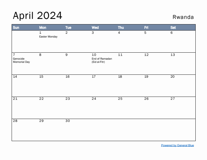 April 2024 Simple Monthly Calendar for Rwanda