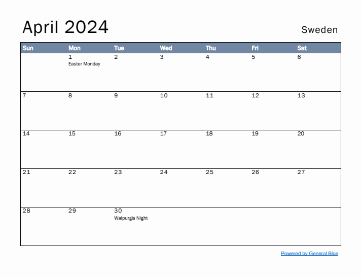 April 2024 Simple Monthly Calendar for Sweden