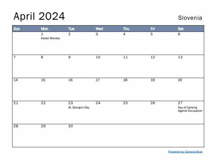 April 2024 Simple Monthly Calendar for Slovenia