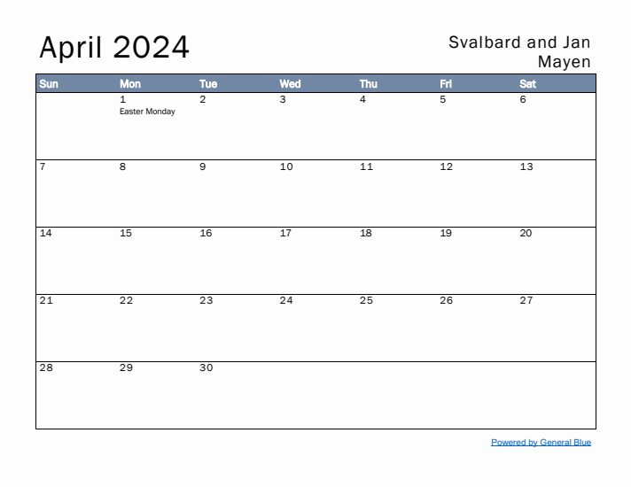 April 2024 Simple Monthly Calendar for Svalbard and Jan Mayen