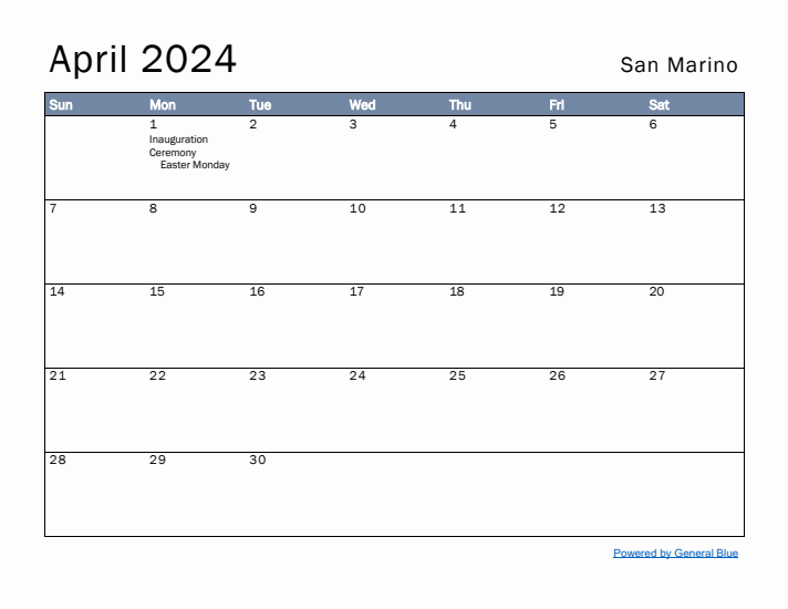 April 2024 Simple Monthly Calendar for San Marino