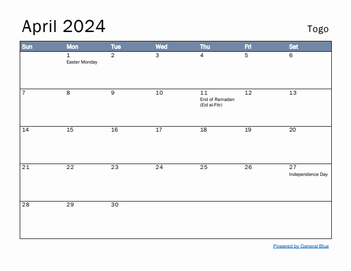 April 2024 Simple Monthly Calendar for Togo