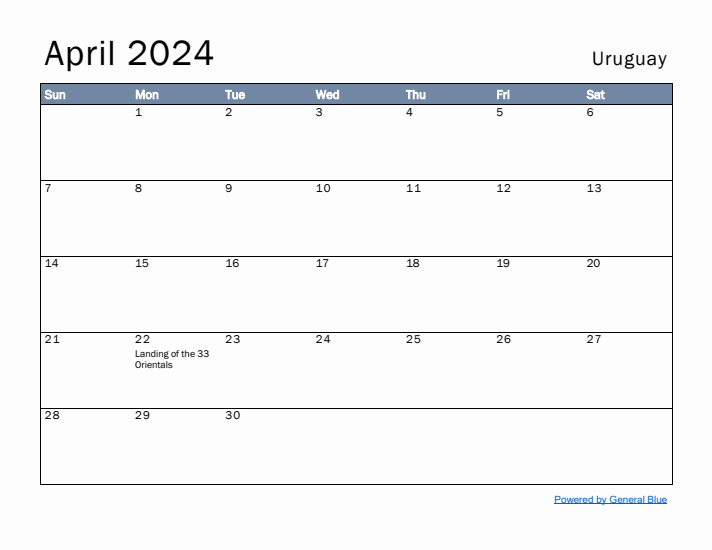 April 2024 Simple Monthly Calendar for Uruguay