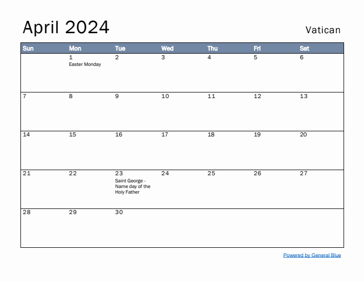 April 2024 Simple Monthly Calendar for Vatican