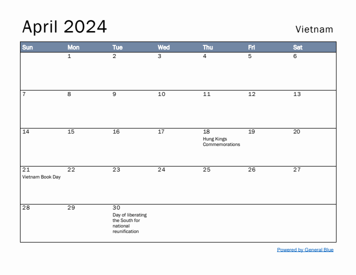 April 2024 Simple Monthly Calendar for Vietnam